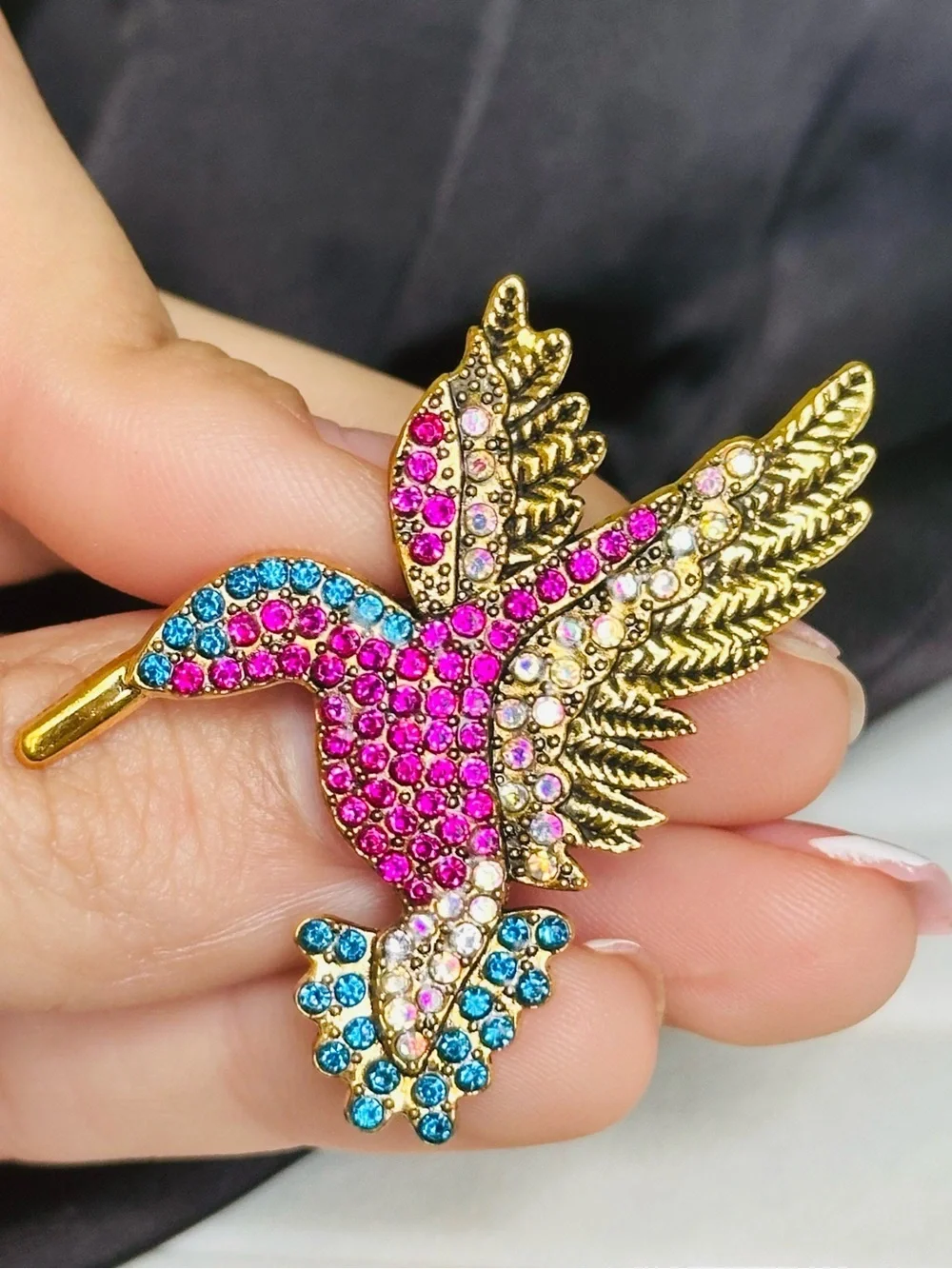 NEW! Gold Hummingbird Brooch with Pink, Blue, and Clear Stones